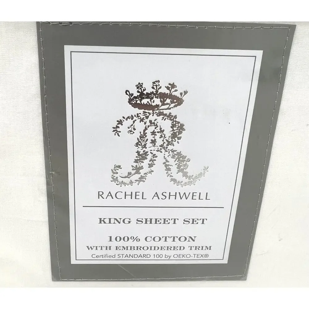 Rachel Ashwell Embroidered Scallop KING Sheet Set NAVY BLUE White 100% Cotton